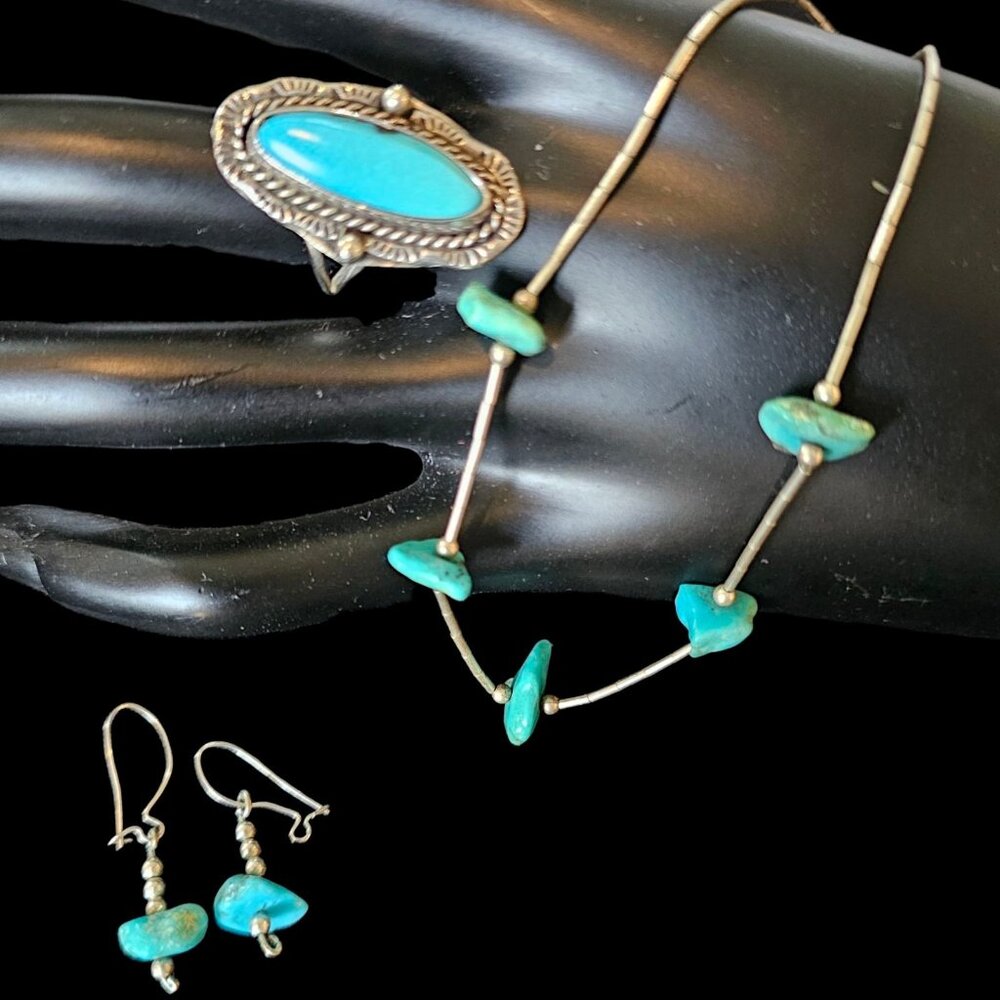 VTG Native American Sterling Silver Turquoise 5 Nugget Necklace Ring Earring Set